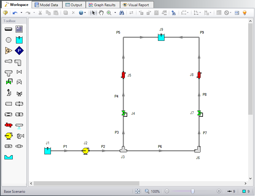 The Workspace for the Pump Selection with Flow Control Valves Example.